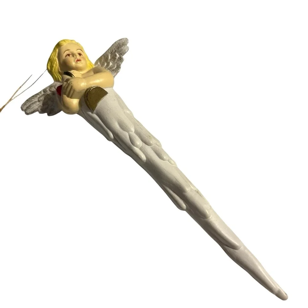 Vintage Angel Icicle Ornament Holding Bell Christmas Plastic‎ Cherub Religious